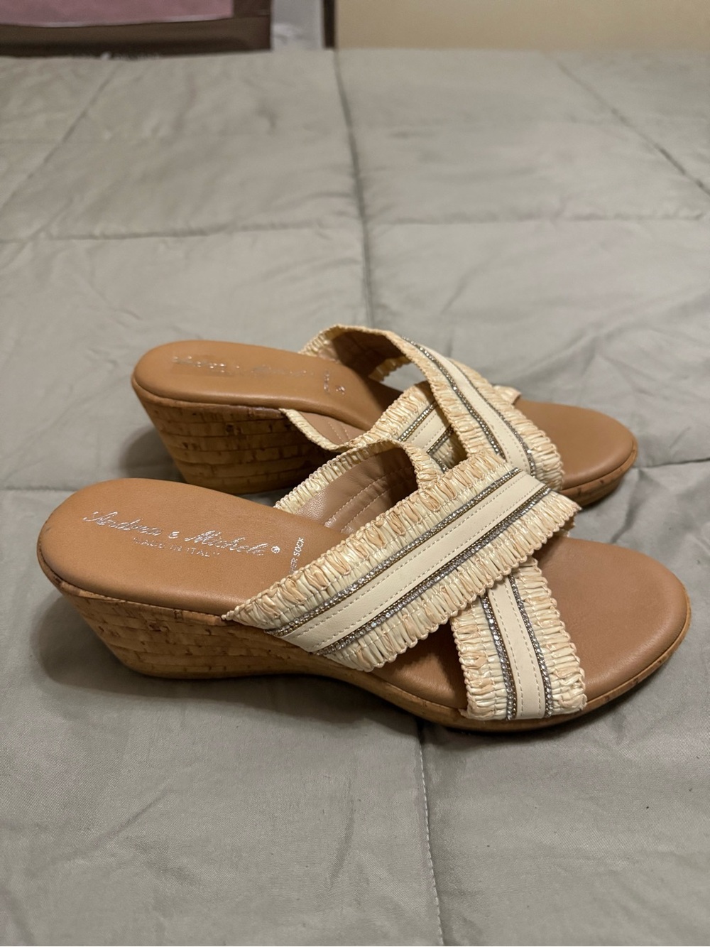 T.J.Maxx Cream Raffia Cross-Strap Wedge Sandals